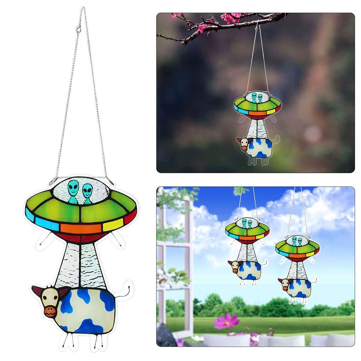 PURELY- Us Ufo Alien Cow Pendant Suncatcher Window Panel Garden Decoration