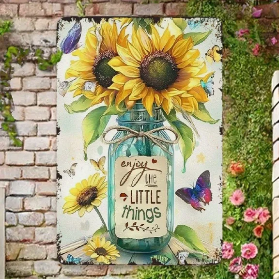 PURELY- Vintage Metal Tin Sign Sunflowers In Mason Jar Garden Home Wall Decor Art Plaque