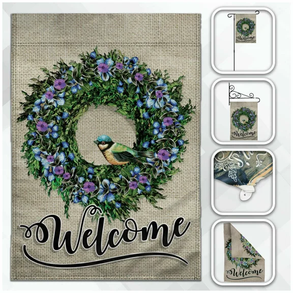 PURELY- Welcome Garden Flag 12X18In Seasonal Garden Flag Wreath Flowers Bird