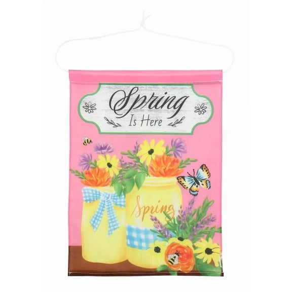 PURELY- Yellow Jars W/Pink Back Drop Spring Is Here Garden Flag 12.5" X 18" With Hanger