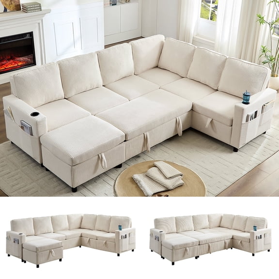 PUREMIND 100" Sectional Sleeper Sofa, Pull Out Couch Bed with Storage Space, Cup Holders and Side Pockets, U Shaped Sectional Couches for Living Room, Beige