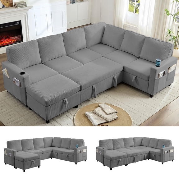 PUREMIND 100" Sectional Sleeper Sofa, Pull Out Couch Bed with Storage Space, Cup Holders and Side Pockets, U Shaped Sectional Couches for Living Room, Dark Gray