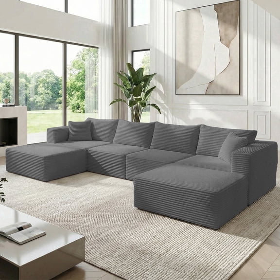 PUREMIND 150" Oversized Modular Sectional Sofa, U Shaped Corduroy Sofa with Movable Ottoman, Comfy Cloud Couch for Living Room, Dark Gray