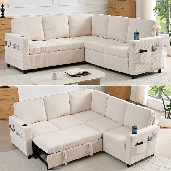 PUREMIND 82.3"W Corduroy Sectional Sleeper Sofa, Pull Out Couch Bed with Storage and Cup Holder, L-Shaped Couch for Living Room/Apartment, Beige