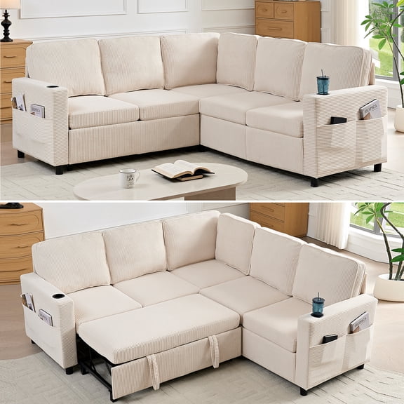 PUREMIND 82.3" Sectional Sleeper Sofa with Pull Out Bed, L Shaped Sofa with Storage Space, Cup Holders and Side Pockets, Sectional Couches for Living Room, Beige