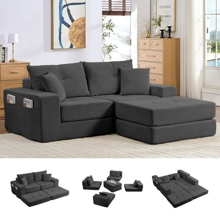 PUREMIND 80.7"W Modular Sectional Sofa, Floor Couch Bed with Side Pockets, Modern Boneless Sofa Sleeper Sofa with L-Shape Chaise, No Assembly Required, Dark Gray