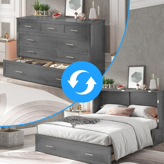 Puremind Queen Murphy Bed with Foam Mattress | Charging Station | Drawer, Foldable Cabinet Bed, Space-Saving Bed for Bedroom/Studio/Guest Room, Dark Gray