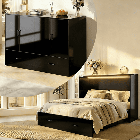 PUREMIND Queen Size Murphy Bed Frame with LED Lights, Murphy Cabinet Bed with Storage Drawer for Bedroom/Office/Guest Room, Black