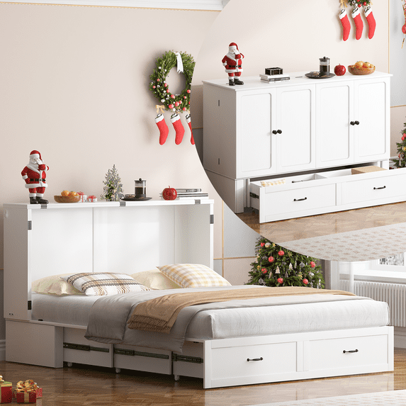 PUREMIND Queen Size Murphy Bed, Murphy Cabinet Bed with Storage Drawer and Charging Port for Bedroom/Office/Guest Room, No Mattress, White Style 1