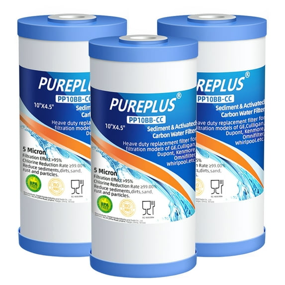 PUREPLUS 5 Micron 10 x 4.5 Whole House Sediment and Carbon Water Filter Cartridge Compatible with GE FXHTC GXWH40L GXWH35F GNWH38S Culligan RFC-BBSA WRC25HD PP10BB-CC Pentek RFC-BB 3Pack