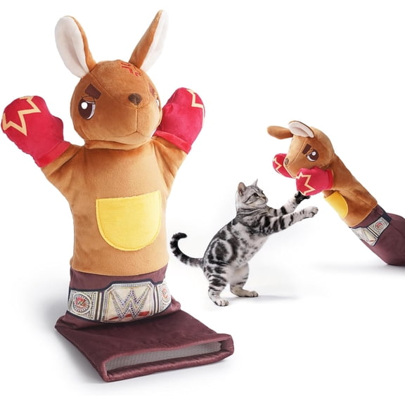 PURETOY Rumble Roo Cat Wrestling Toy, 22-Inch Kangaroo Puppet with Catnip Pouches & Treat Pocket, Reinforced Protective Glove for Kicking & Kicks, Bonding Toy for C