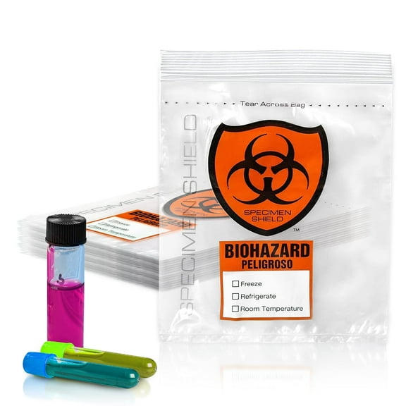 PUREVACY Biohazard Specimen Bags 8 x 10, Clear Red Black Biohazard Bags 100 Pack, 3 Wall Polyethylene Durable Bio Hazardous Bags, 2 Mil Pull to Tear Hazard Bags, Waterproof Bio Zip Bags