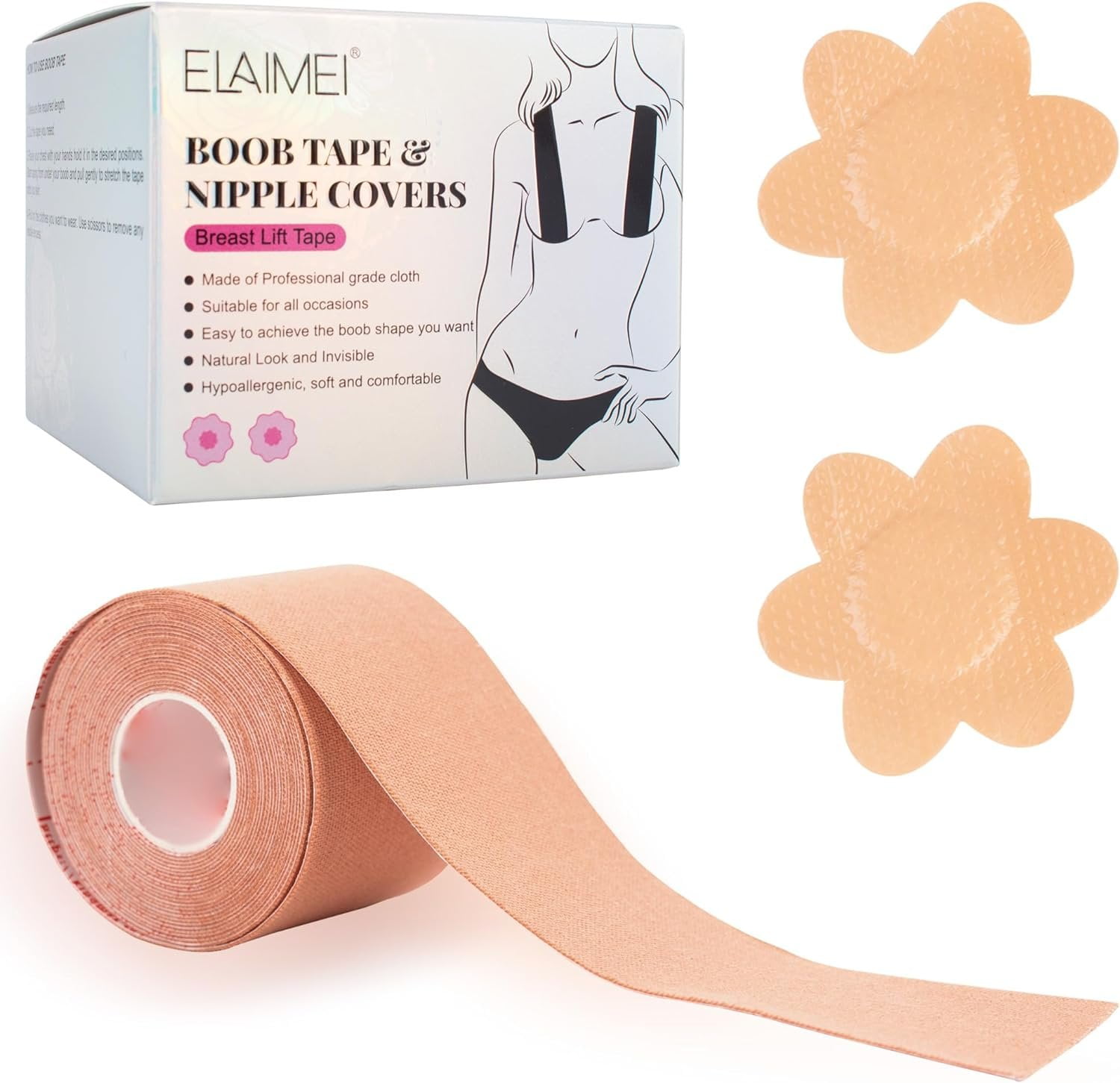 PUREVACY Breast Lift Tape 2 x 16.4 Inch. Beige Polyurethane 1 Roll of Bra  Tape for Strapless Dress and 2 Pack of Nipple Covers. Self Seal Chest Tape  for Women. Invisible All