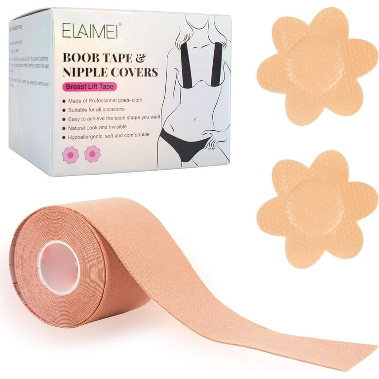 PUREVACY Breast Lift Tape 2 x 16.4 Inch. Beige Polyurethane 1 Roll of Bra  Tape for Strapless Dress and 2 Pack of Nipple Covers. Self Seal Chest Tape
