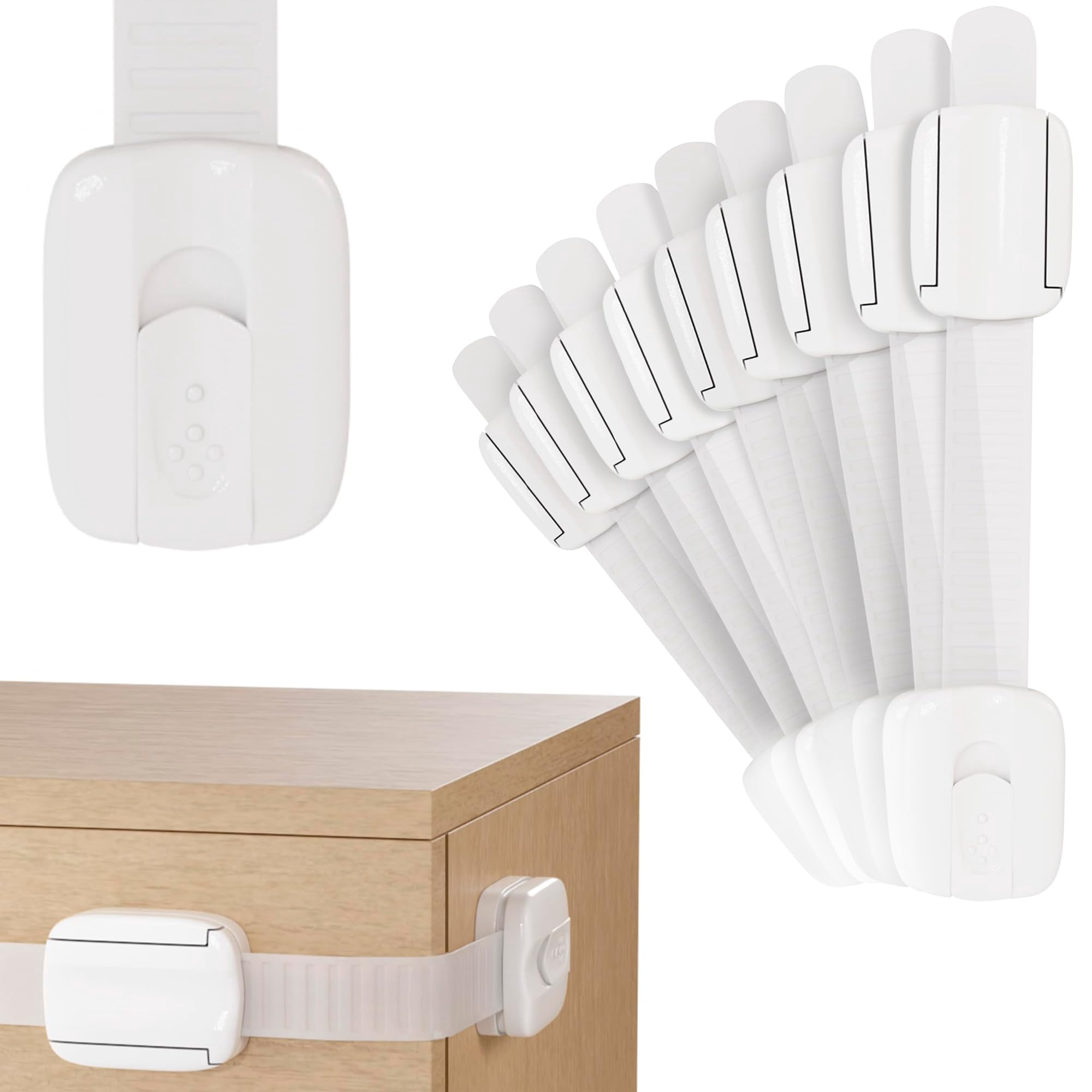 PUREVACY Child Safety Strap Locks 7.5 Inch. 16 Pack White Plastic Child Safety Cabinet Locks. Adjustable Child Locks for Cabinets No Drilling. Self-Adhesive Drawer Locks for Furniture, Kitchen, Toilet