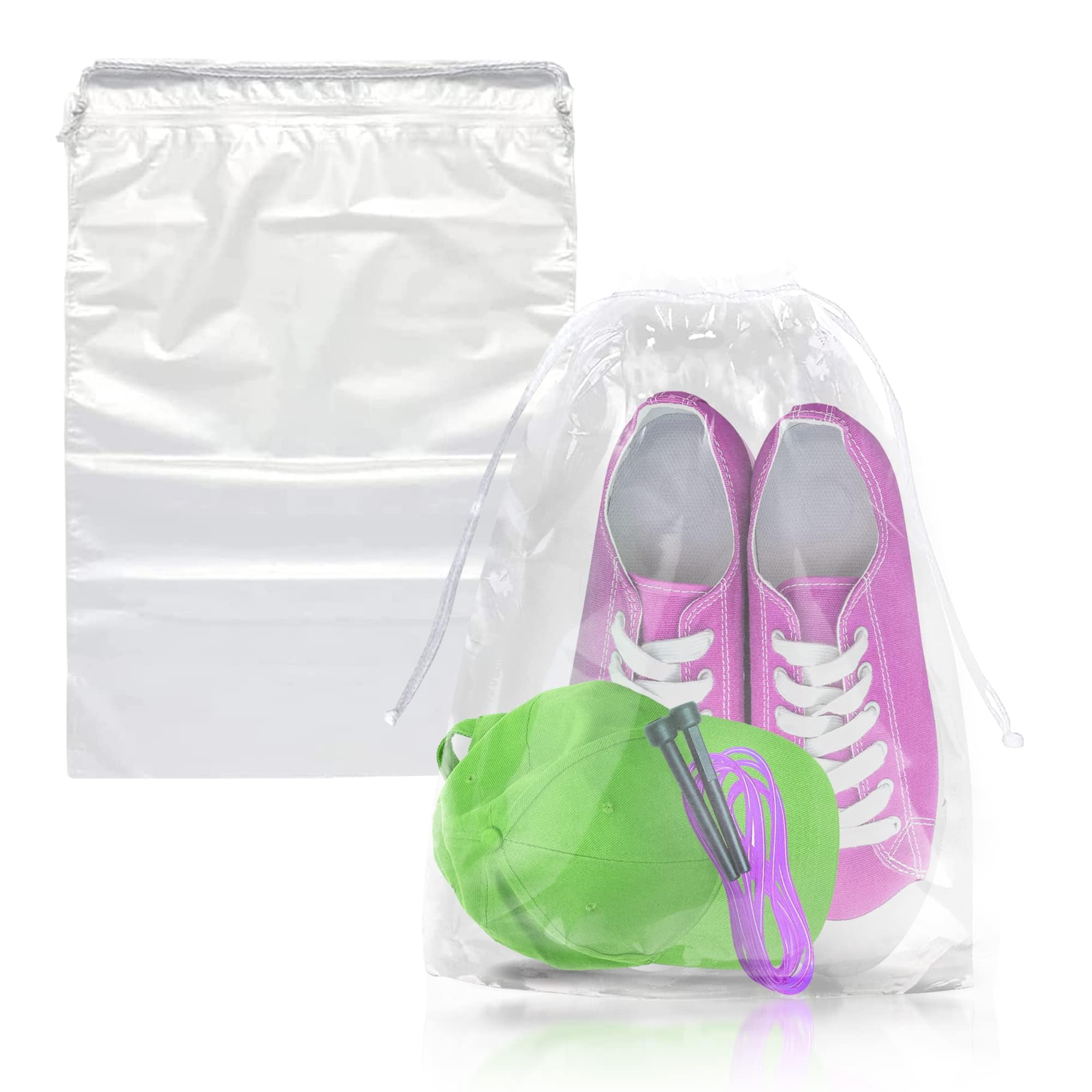 Clear Plastic Drawstring Bags, Polyethylene Shoe Travel Bags, 100 Count, 12 x 18 in