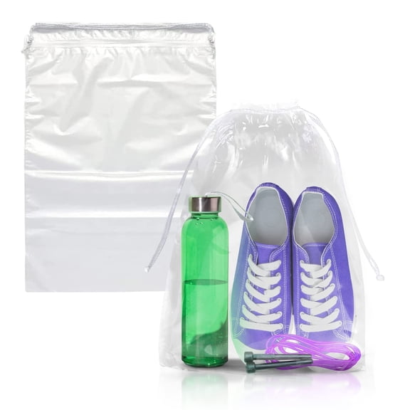 Clear Drawstring Poly Bags, Waterproof Double Drawstring Closure, 50 count, 9 x 12 in