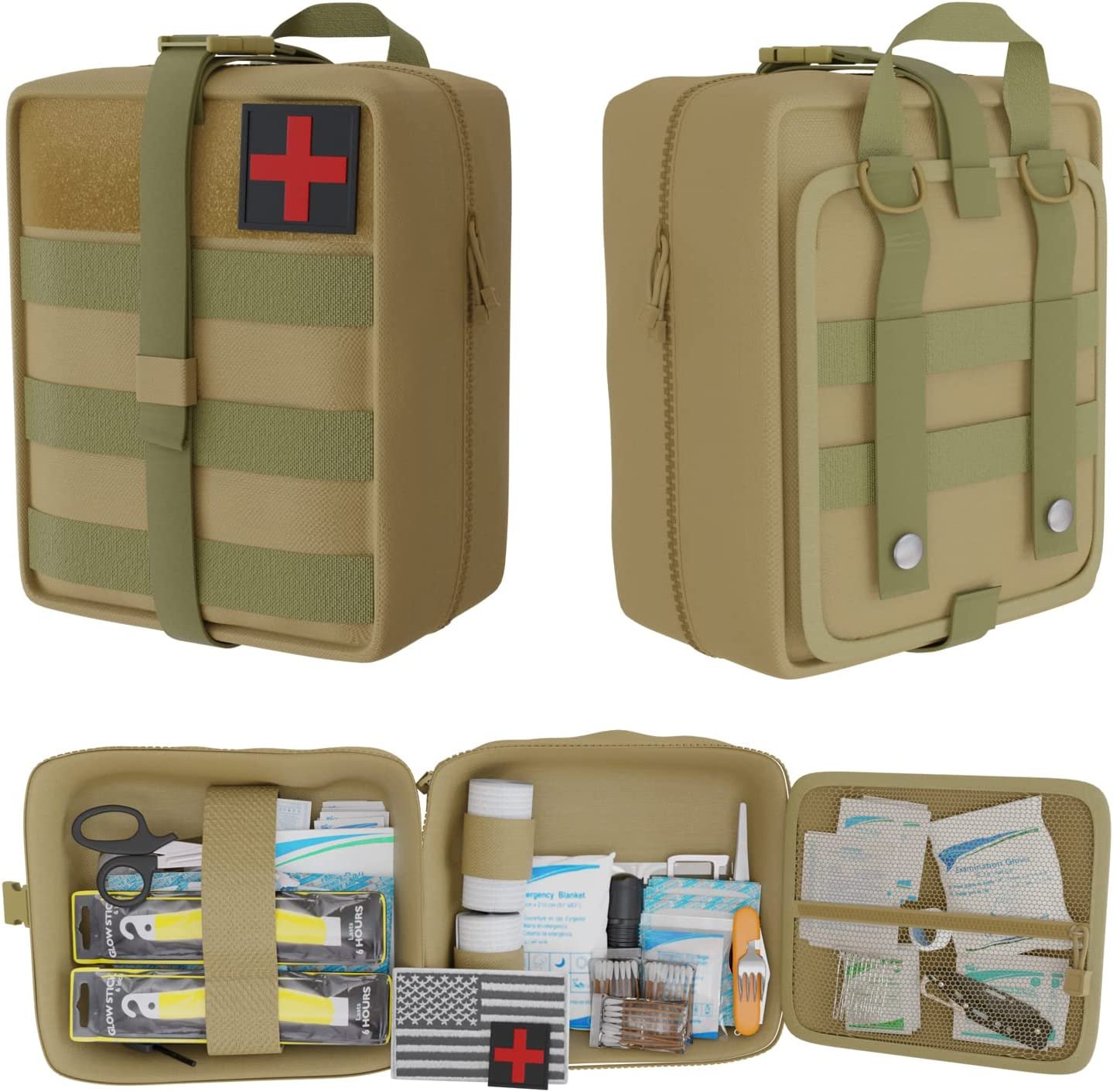 PUREVACY Green Survival First Aid Kit 255 Pack. Military Style Medical