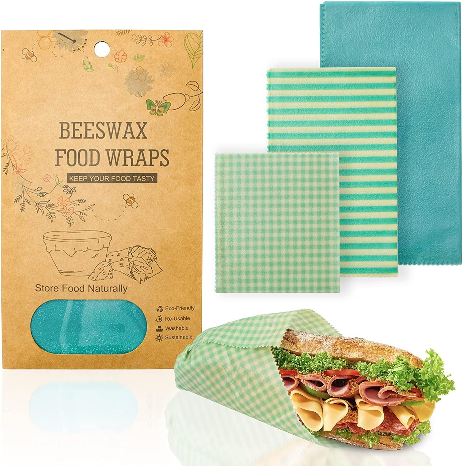 PUREVACY Reusable Beeswax Wrap Small, Medium, Large. 3 pack Teal Beeswax  Wraps for Food Storage. Natural Cotton and Bees Wax Wraps Reusable.