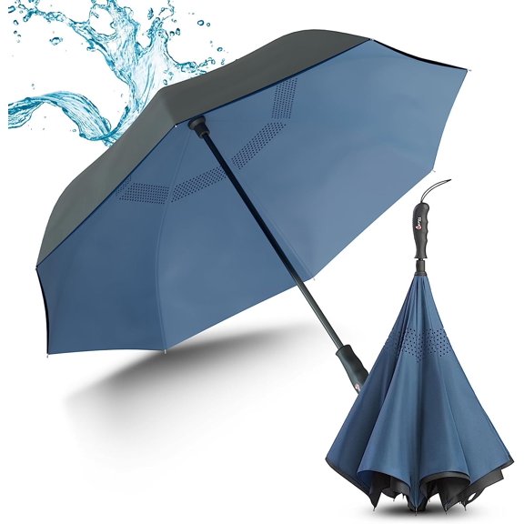 PUREVACY Reverse Umbrella with Sturdy Shaft, 8 Reinforced Ribs, Teflon Coating, Black-Navy Blue Inverted Umbrella Compact, Windproof Upside Down Umbrella for Women, Men, Waterproof Inside Out Umbrella