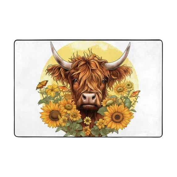 PUREYAH Front Door Mat Indoor Entrance, Non-Slip Washable Cow Sunflowers Circle Decorative Rug Carpet for Bedroom Living Room Bathroom 72"x48"