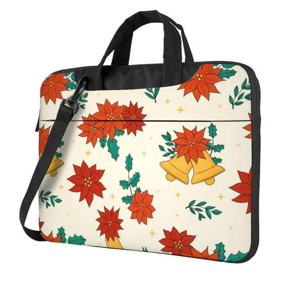 PUREYAH Laptop Case Bag with Compartments for Women, Christmas Flower Bells Leaves Lightweight Computer Tote Bag for Men Travel Work 14 inch