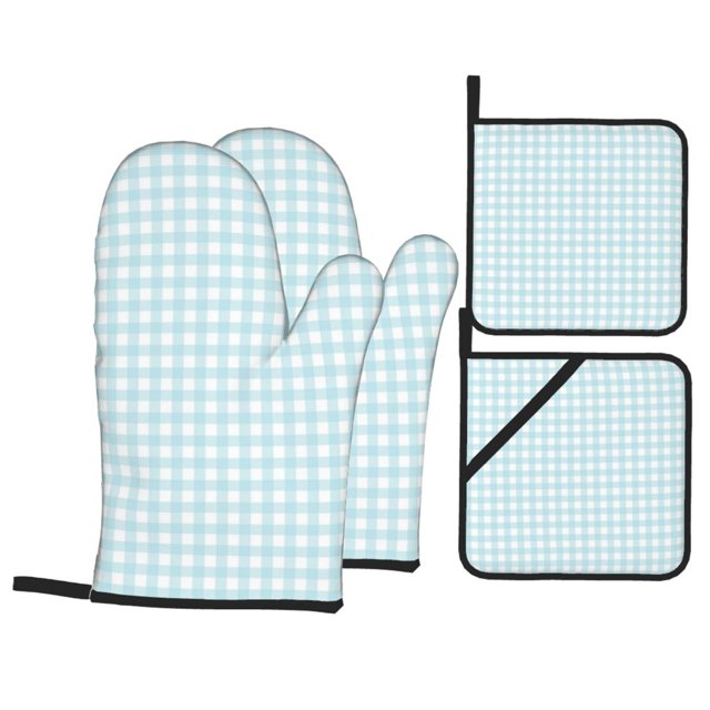 PUREYAH Oven Mitts And Pot Holders Sets, Kitchen Blue Check Plaid Oven