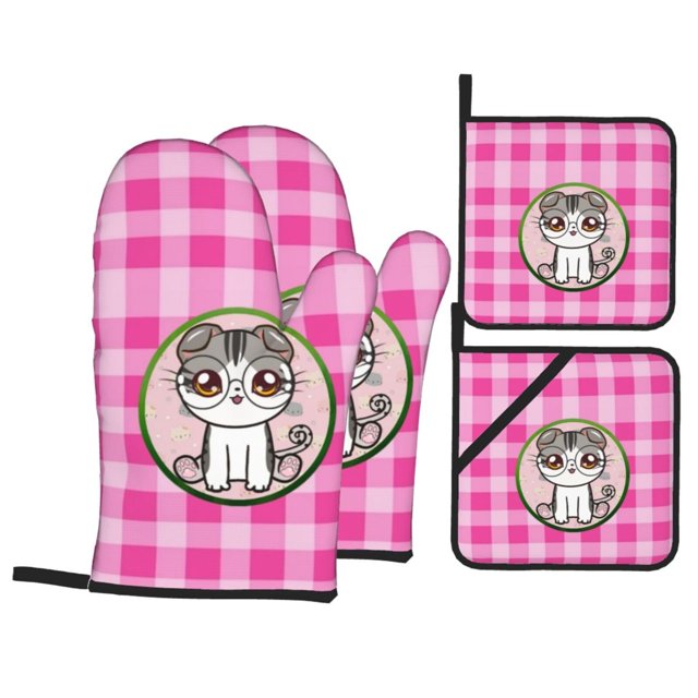 PUREYAH Oven Mitts And Pot Holders Sets, Kitchen Cat Avatar Plaid Oven
