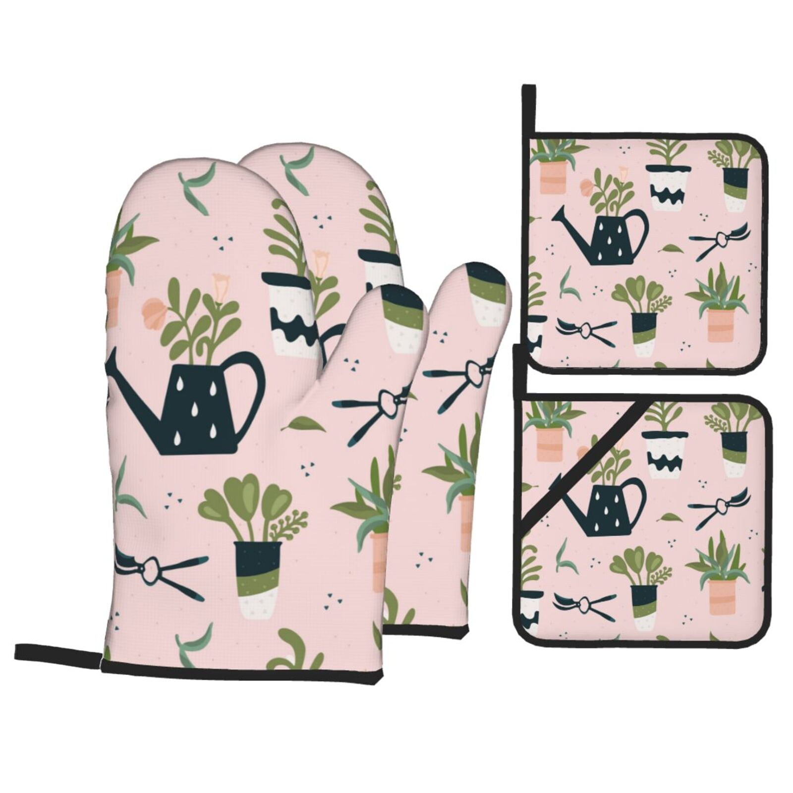 PUREYAH Oven Mitts And Pot Holders Sets, Kitchen Pink Bonsai Plants