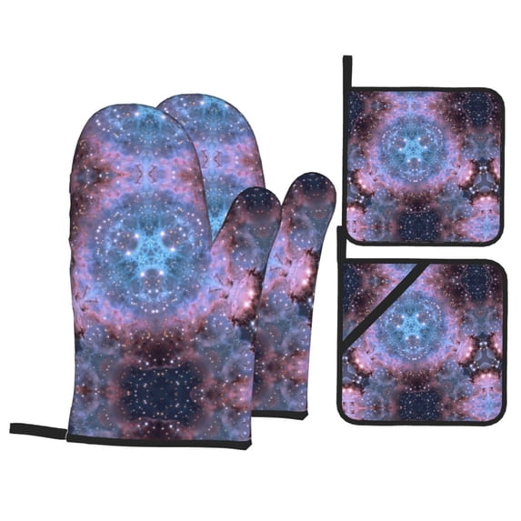 PUREYAH Oven Mitts And Pot Holders Sets, Kitchen Sacred Geometry Almond Oven Gloves Hot Pads Heat Resistant 4 Pieces
