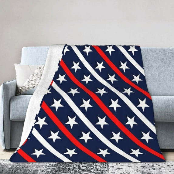 PUREYAH Travel Throw Blanket for Couch, Patriotic Red White Blue Stars Strips Lightweight Fluffy Flannel Outdoor Blanket, Microfiber Warm Blankets for Bed Long Flight Camping 40"x30" Inch