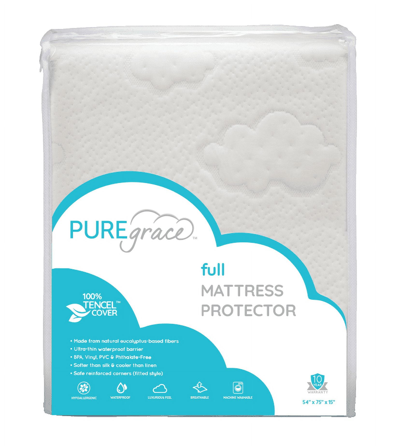 PUREgrace Eucalyptus Full Mattress Protector - Natural Luxurious Tencel - Waterproof - Breathable Quiet Hypoallergenic pad (54" x 75")