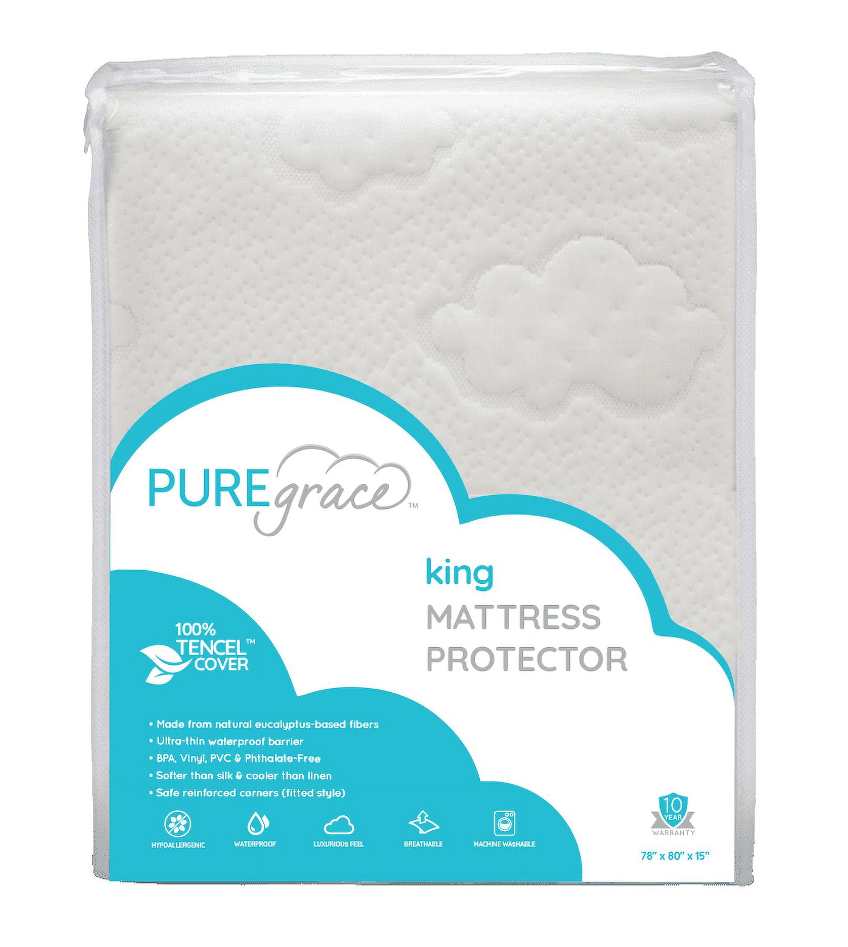 PUREgrace Eucalyptus King Mattress Protector - Natural Luxurious Tencel - Waterproof - Breathable Quiet Hypoallergenic pad (60" x 80")