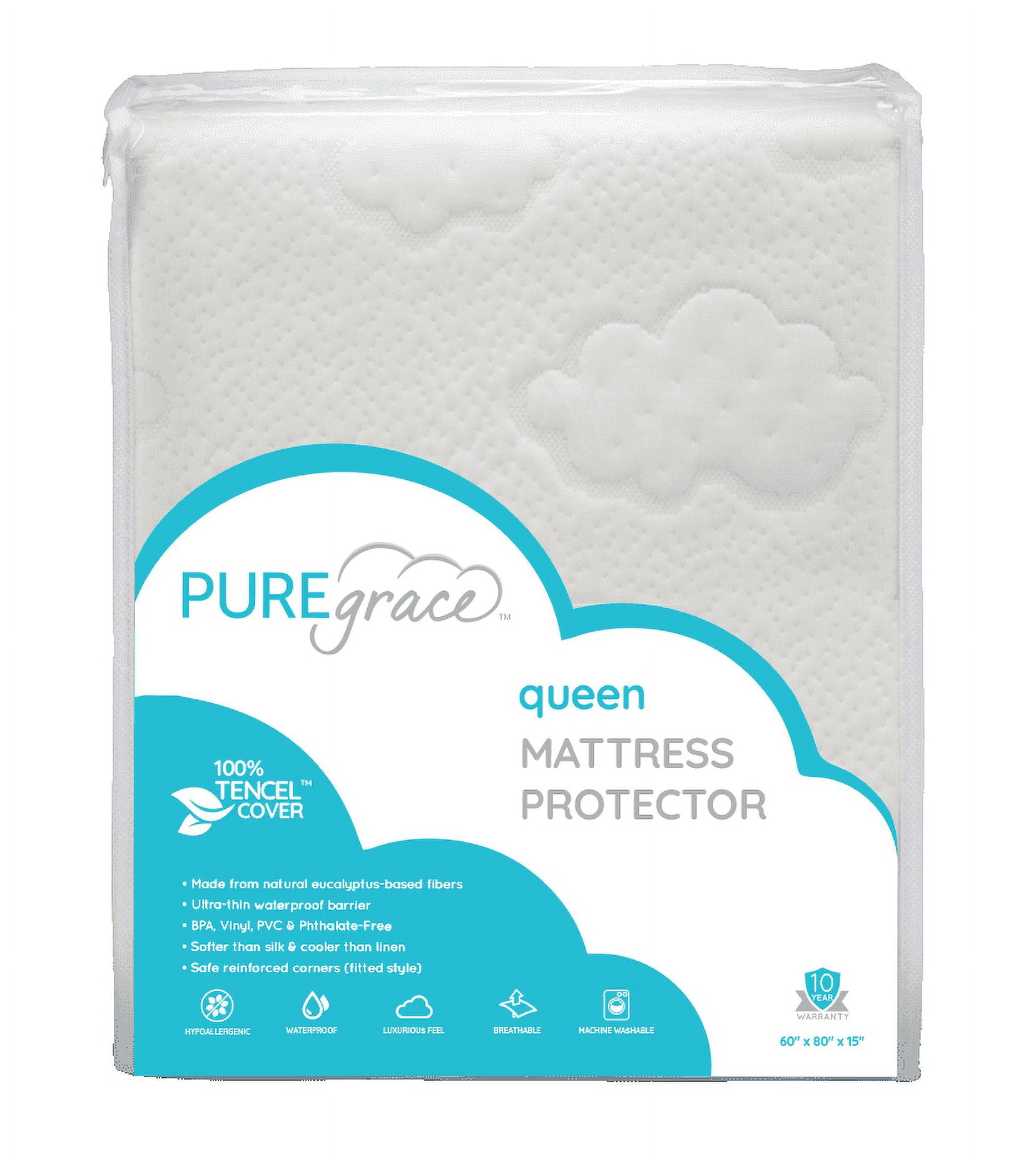PUREgrace Eucalyptus Queen Mattress Protector - Natural Luxurious Tencel - Waterproof - Breathable Quiet Hypoallergenic pad (60" x 80")