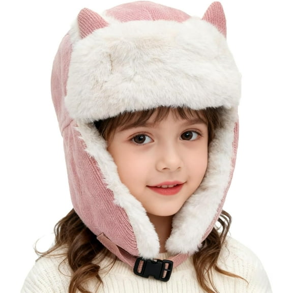 PURFUN Kids Fuzzy Faux Fur Trapper Hats with Cat Ear, Girls Boys Windproof Cozy Earflap Hats Ushanka Ski Caps for 3-8 Yrs