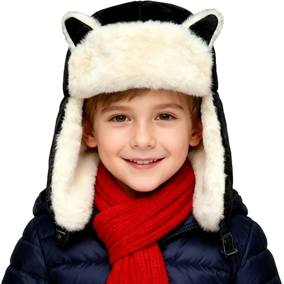 PURFUN Kids Fuzzy Faux Fur Trapper Hats with Cat Ear, Girls Boys Windproof Cozy Earflap Hats Ushanka Ski Caps for 3-8 Yrs