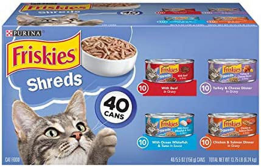 PURINA Friskies Wet Cat Food Variety Pack Shreds Beef Turkey Whitefish and Chicken Salmon 40 5.5 oz. Cans
