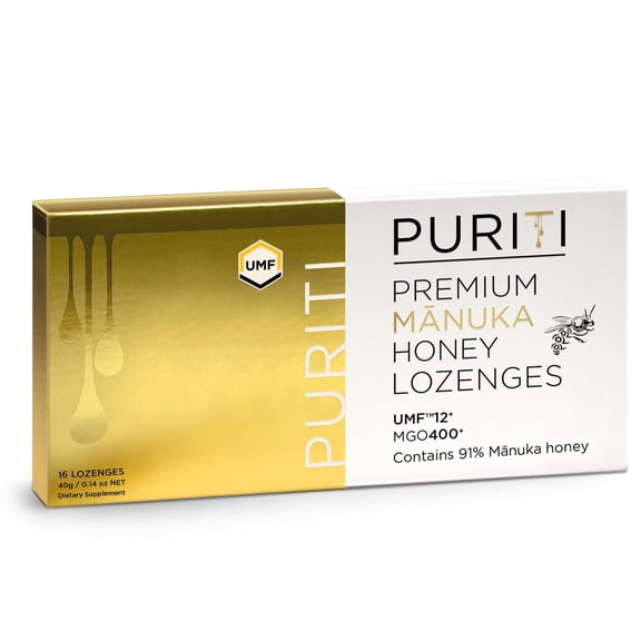 PURITI Premium Manuka Honey GGA1 Lozenges High Potency - Sugar Free Drops | Genuine New Zealand Raw Manuka Honey Soothers for Coughs & Sore Throats | UMF Certified MGO 400+ UMF12+ (16 Pack)