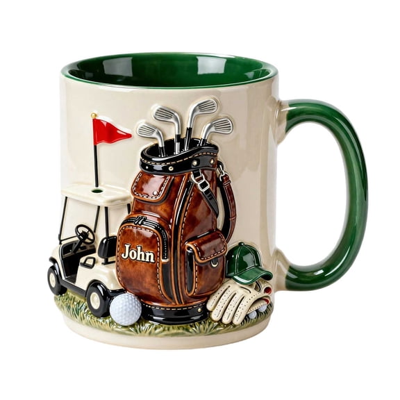 PURJKPU 16oz Golf-Themed Ceramic Coffee Mug, 3.15×3.78in, 3D Sculpted Design, Personalized Engraving, Dishwasher Safe, Gift for Golfers (Beige/Green)
