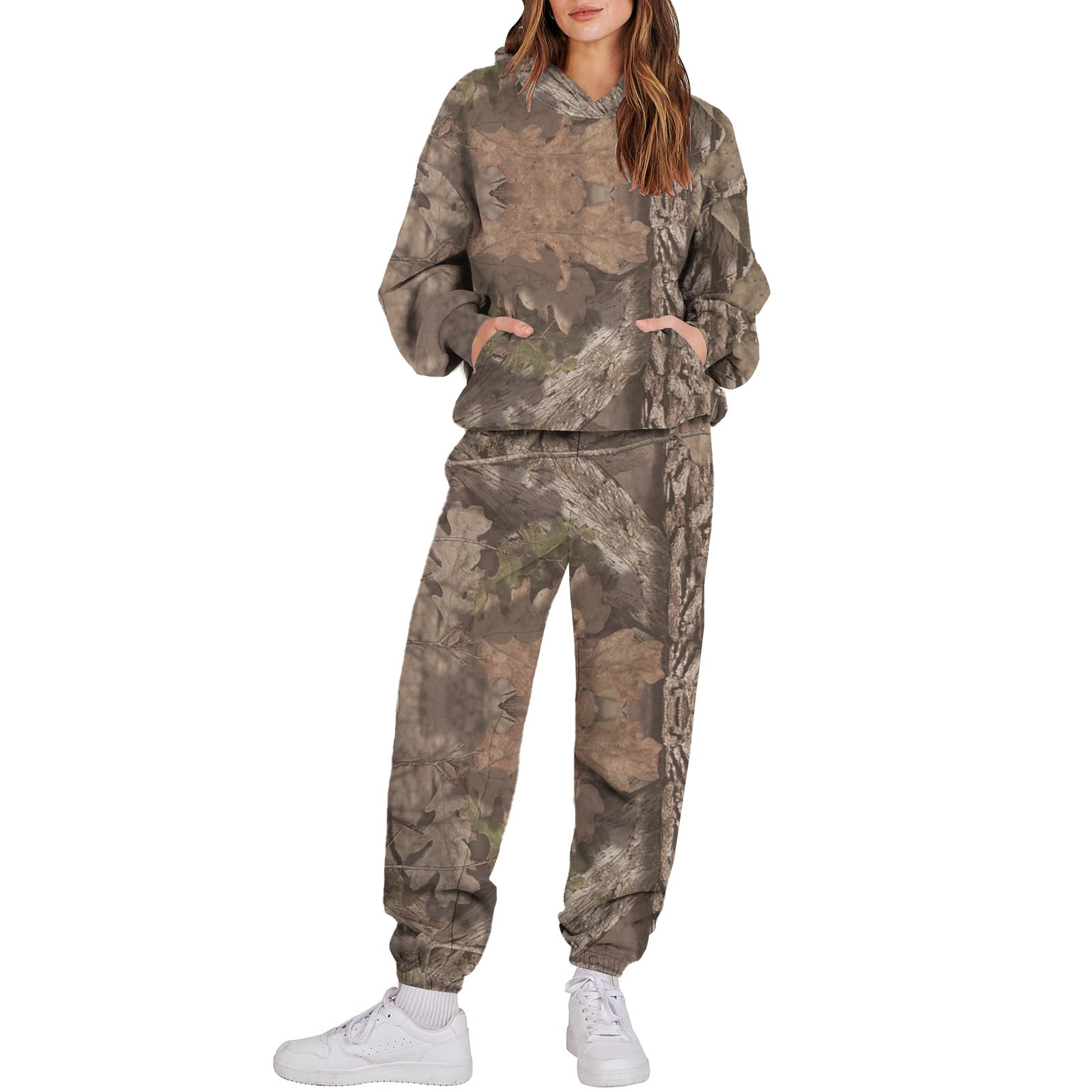 PURJKPU Camo Sweatsuits for Women Set 2 Piece Long Sleeve Maple Leaf Print  Camo Hoodie & Wide Leg Camo Sweatpant Plus Size Two Piece Fall Outfits Gray  Large 