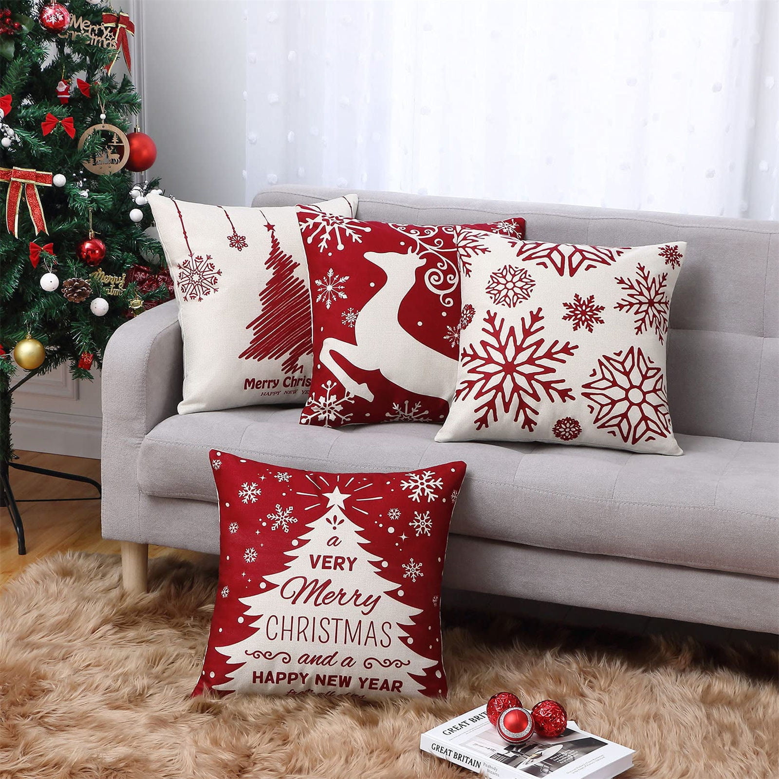 PURJKPU Christmas Decorations Pillow Covers 18x18 Set of 4 Red Black
