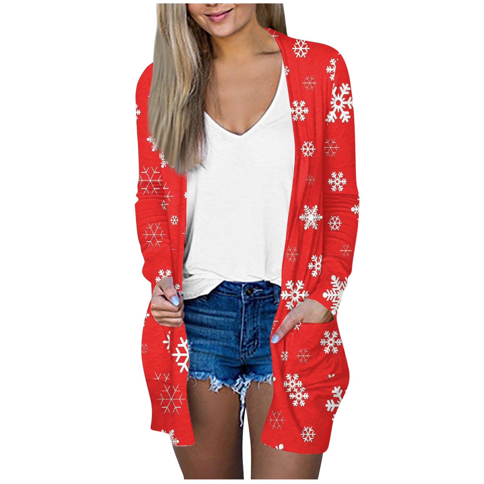 PURJKPU Christmas Red Cardigan Sweater for Women Long Sleeve Open Front Cardigan Xmas Snowflake