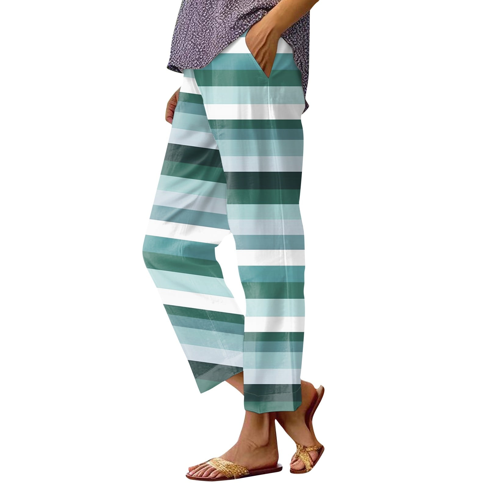 PURJKPU Cotton Linen Pants for Women Petite Casual Elastic Waist Crop