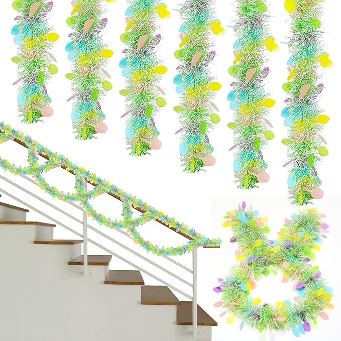 PURJKPU Easter Tinsel Garland，2 Pieces Green Tinsel Garlands Easter Hanging Easter Egg Garland
