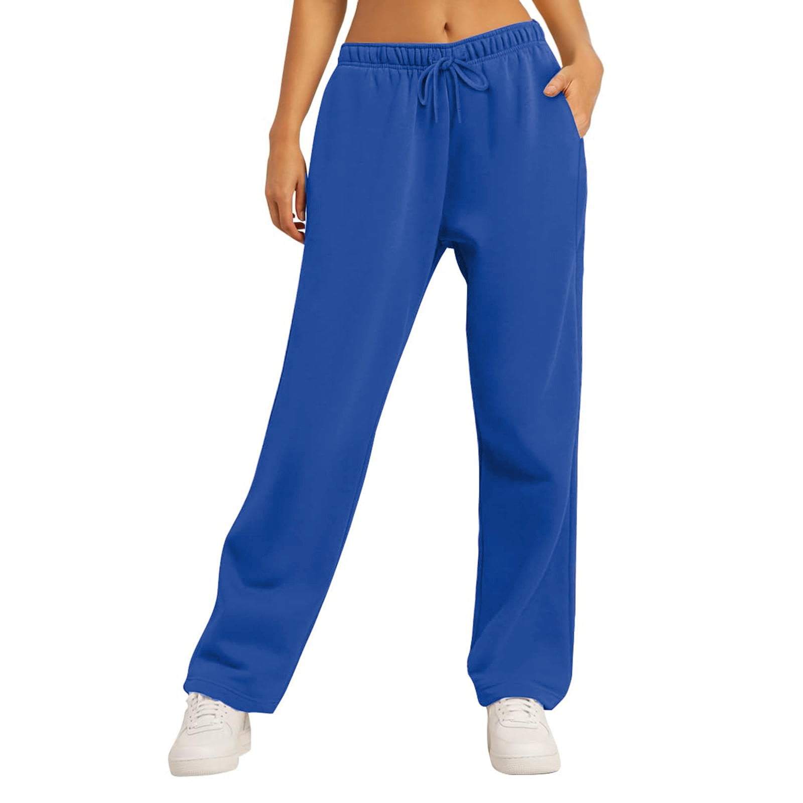 PURJKPU Fleece Lined Sweatpants Women Wide Straight Leg Comfy Lounge Pants Elastic High Waisted Baggy Pants with Pockets Blue XL Walmart