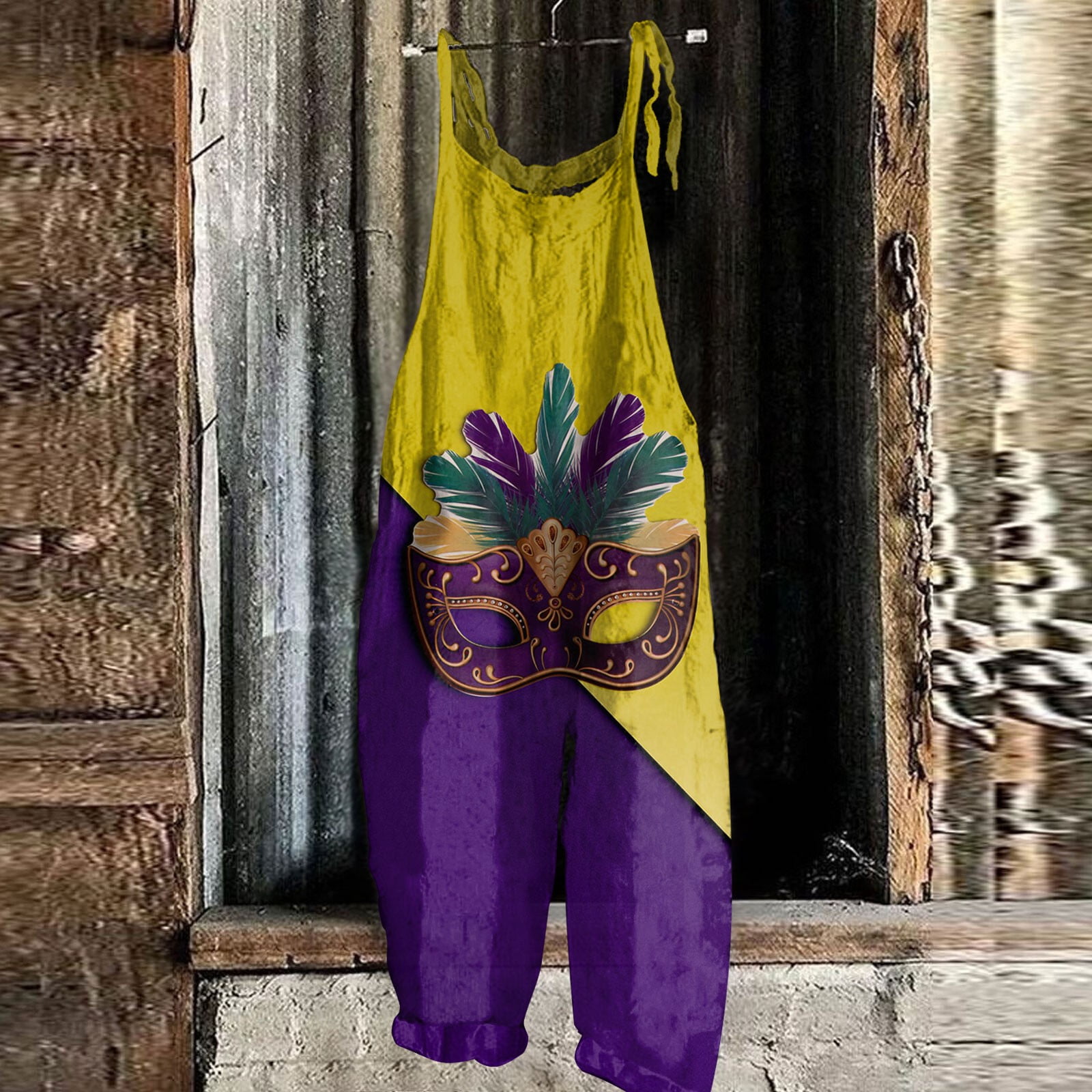 PURJKPU Mardi Gras Jumpsuit for Women Plus Size Carnival Themed Mask Printed Rompers Sleeveless