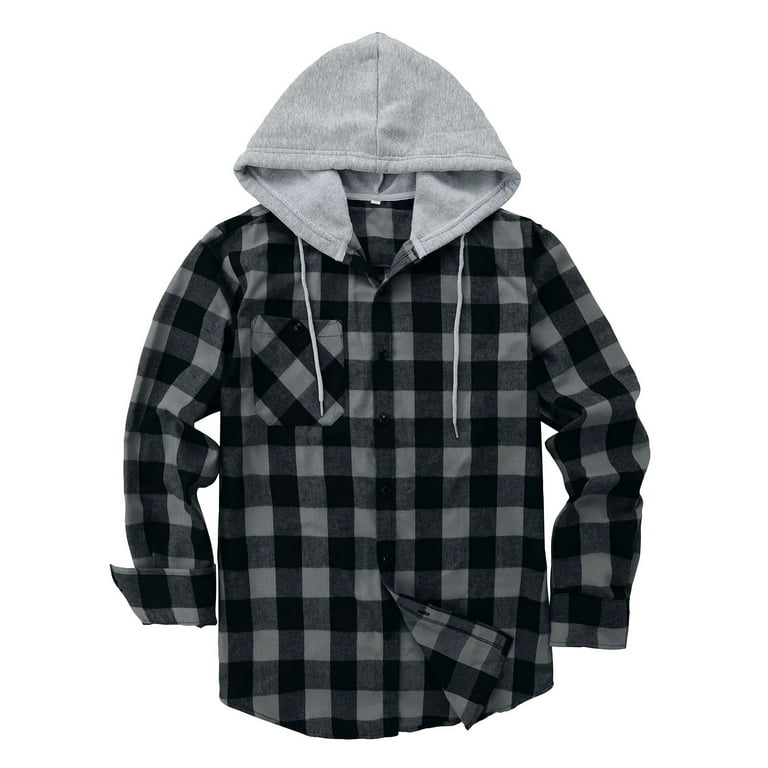 PURJKPU Men's Plaid Hooded Shirts Button Down Flannel Shirt For Men Long  Sleeve Causal Shirt Jackets Black XL