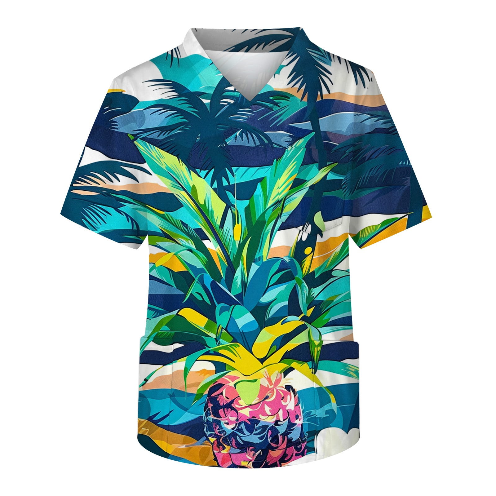 PURJKPU Mens Hawaiian Scrub Tops Tropical Beach Scrub Shirt Stretch Soft V Neck Nurse Uniform
