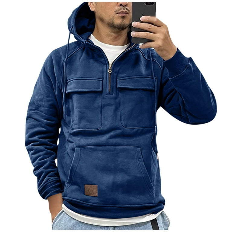 PURJKPU Mens Tactical Jacket Quarter Zip Pullover Solid Color Tactical Fleece Hoodie Drawstring Outdoor Winter Jacket for Men Blue L Walmart