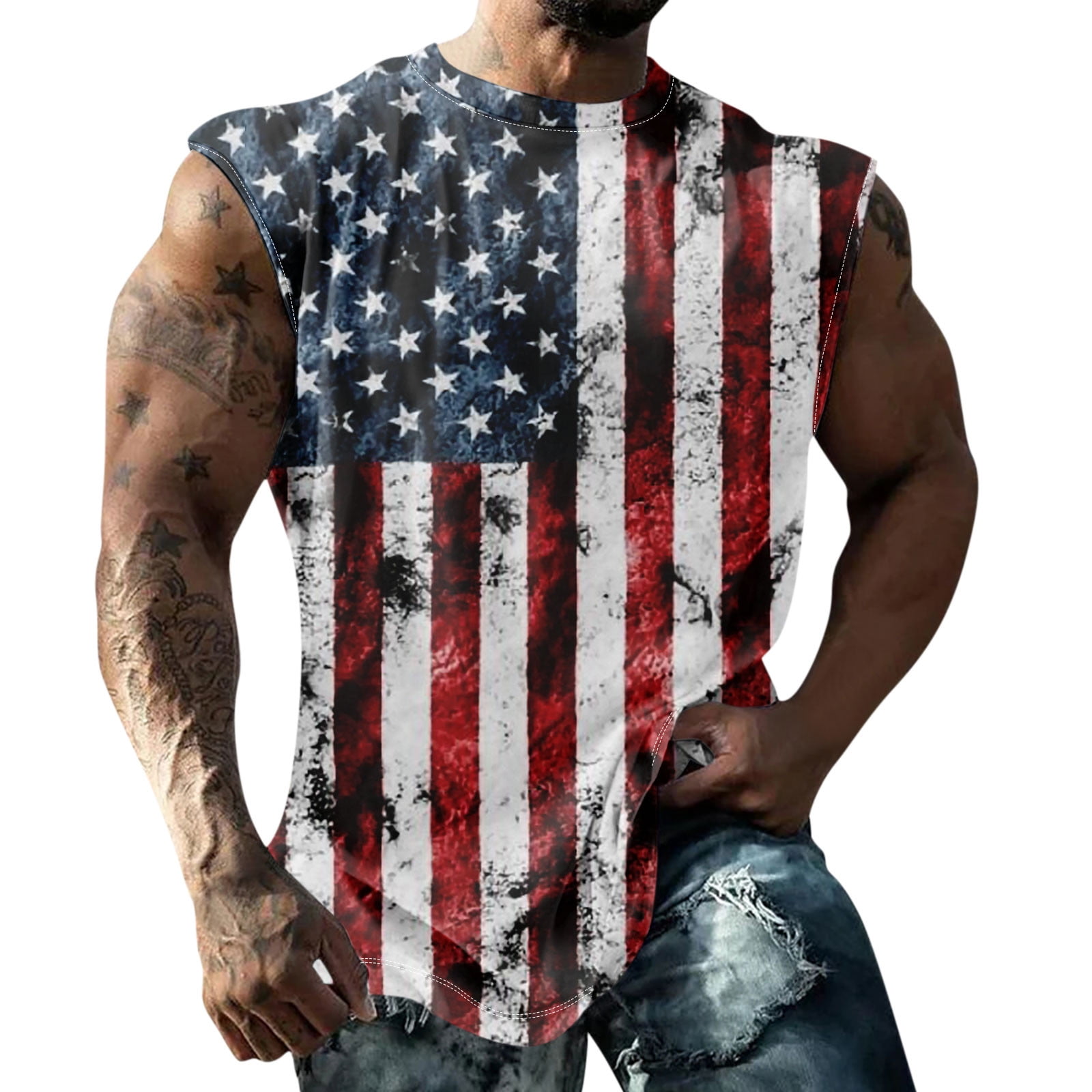 PURJKPU Mens Tank Top Undershirts Big and Tall American Flag 4th of